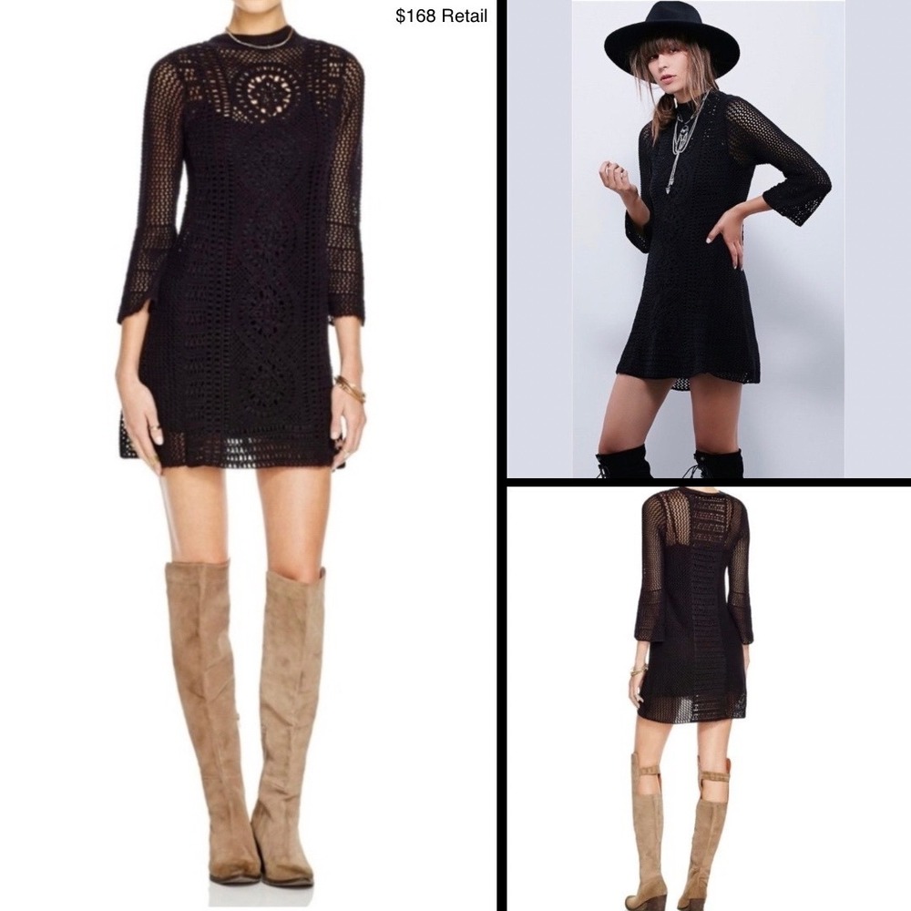 FREE PEOPLE Rosalind Crochet Mini Dress XS Black Swim Cover-Up Boho Festival